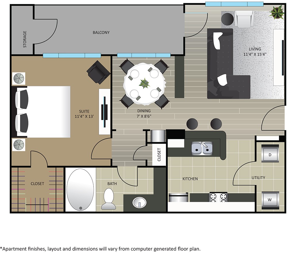 Floor plan for 1 bed, 1 bath, 680 sqft